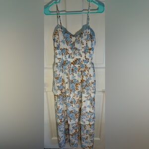 WAYF Smocked Floral Midi Sundress Tiered Strappy Blue Brown M